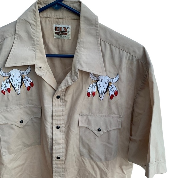 Vintage Ely Embroidered Steer Skull Western Cowboy Black Snap Button Shirt - Picture 5 of 5